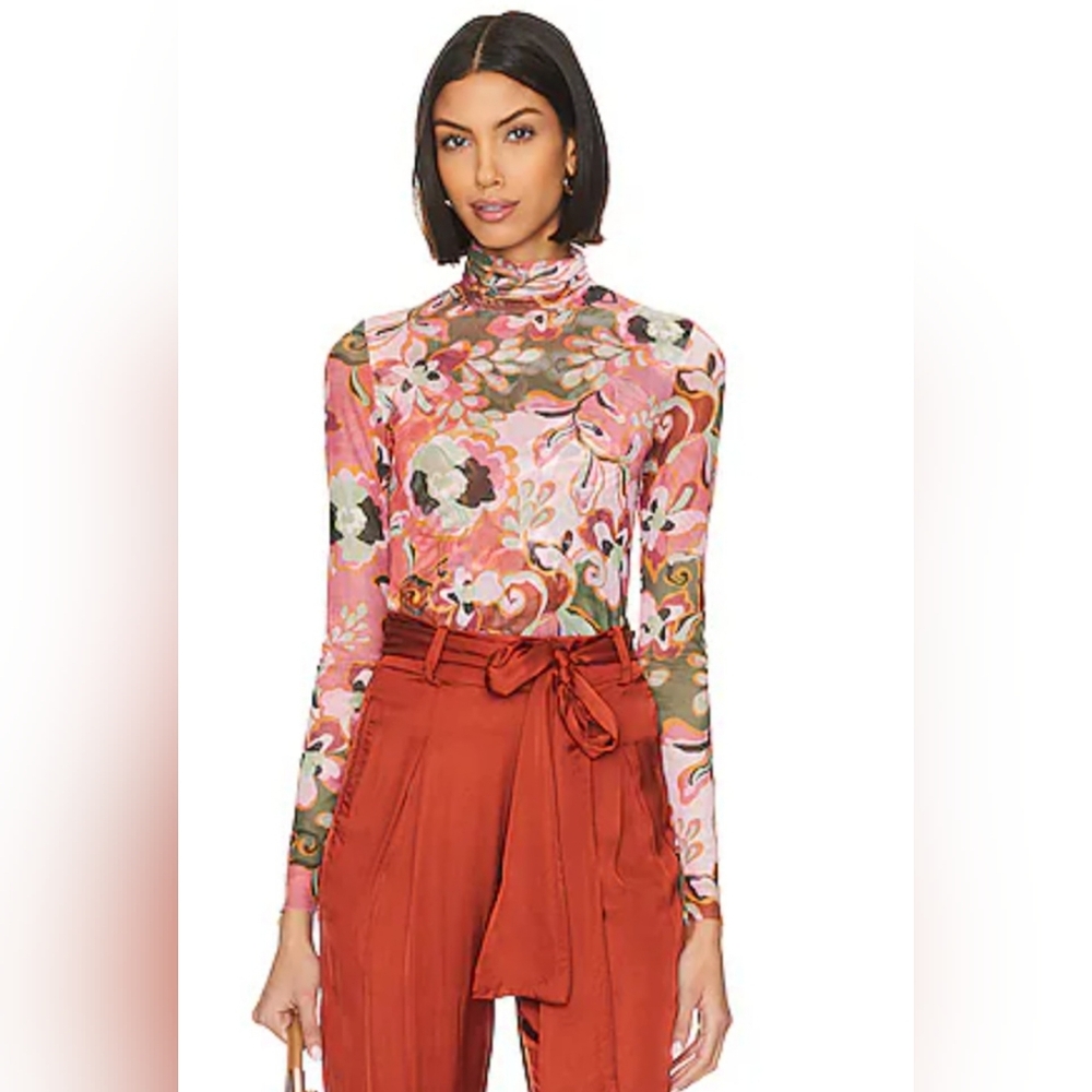 Misa Los Angeles Nadja Pink Floral Mesh Fitted Turtleneck Long Sleeve Blouse - Picture 10 of 12